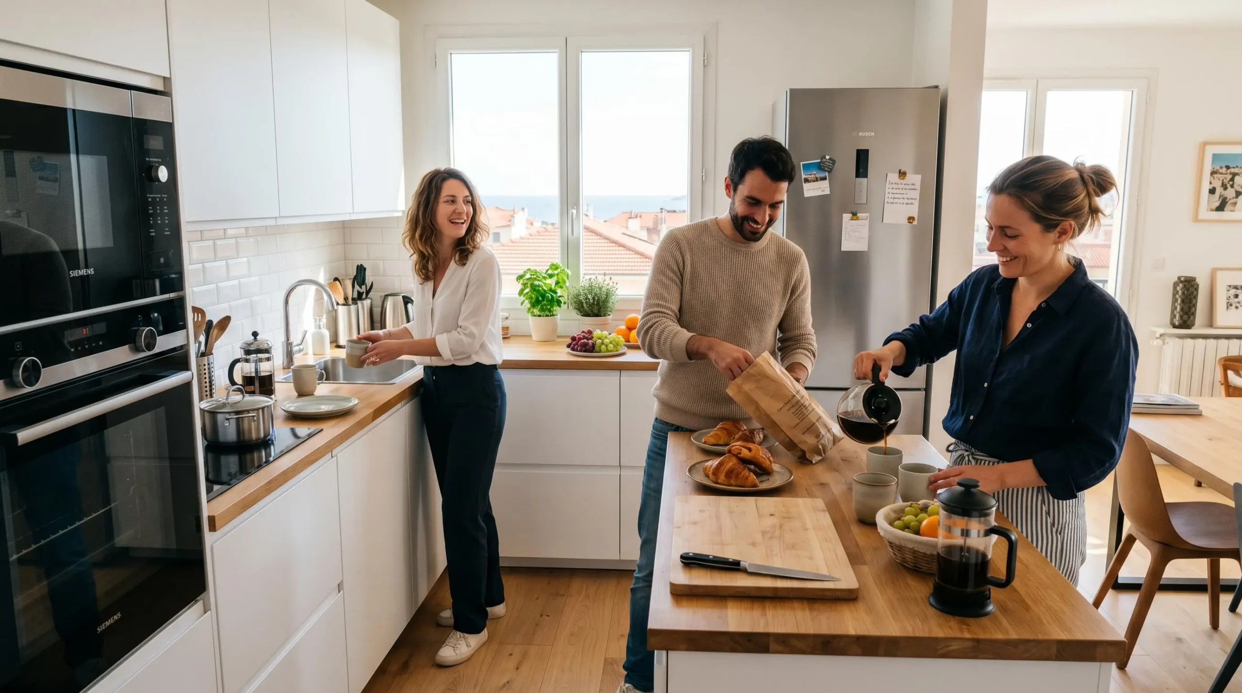 Cuisine moderne entièrement équipée d'un appartement de location à Cannes, avec participants de séminaire préparant leur petit-déjeuner en autonomie