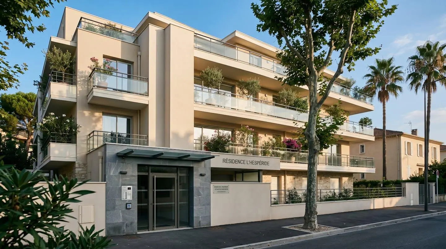 Façade d'un immeuble résidentiel moderne sécurisé dans un quartier calme de Cannes, typique des résidences proposant des appartements de location saisonnière