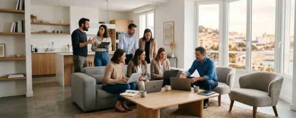 Groupe de professionnels en session de travail collaboratif dans le séjour spacieux et lumineux d'un appartement moderne à Cannes, avec laptops et vue sur la ville par les baies vitrées