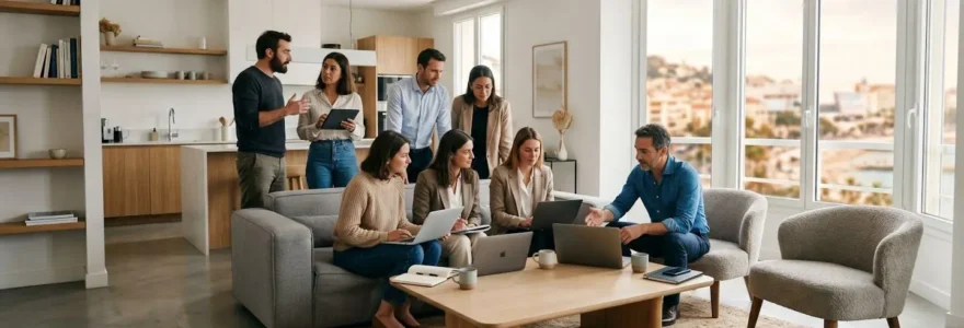 Groupe de professionnels en session de travail collaboratif dans le séjour spacieux et lumineux d'un appartement moderne à Cannes, avec laptops et vue sur la ville par les baies vitrées